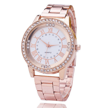 Reloj casual con correa de acero de alta gama para mujer y hombre con placa de malla de diamante y personalidad a escala romana