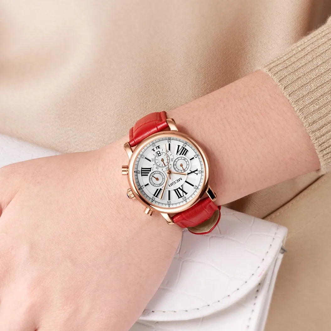 Relojes MEGIR de lujo para Mujer, Reloj de pulsera de cuarzo informal a la moda para Mujer, Reloj de pulsera de cuero resistente al agua para Mujer, Reloj de vestir, Reloj para Mujer