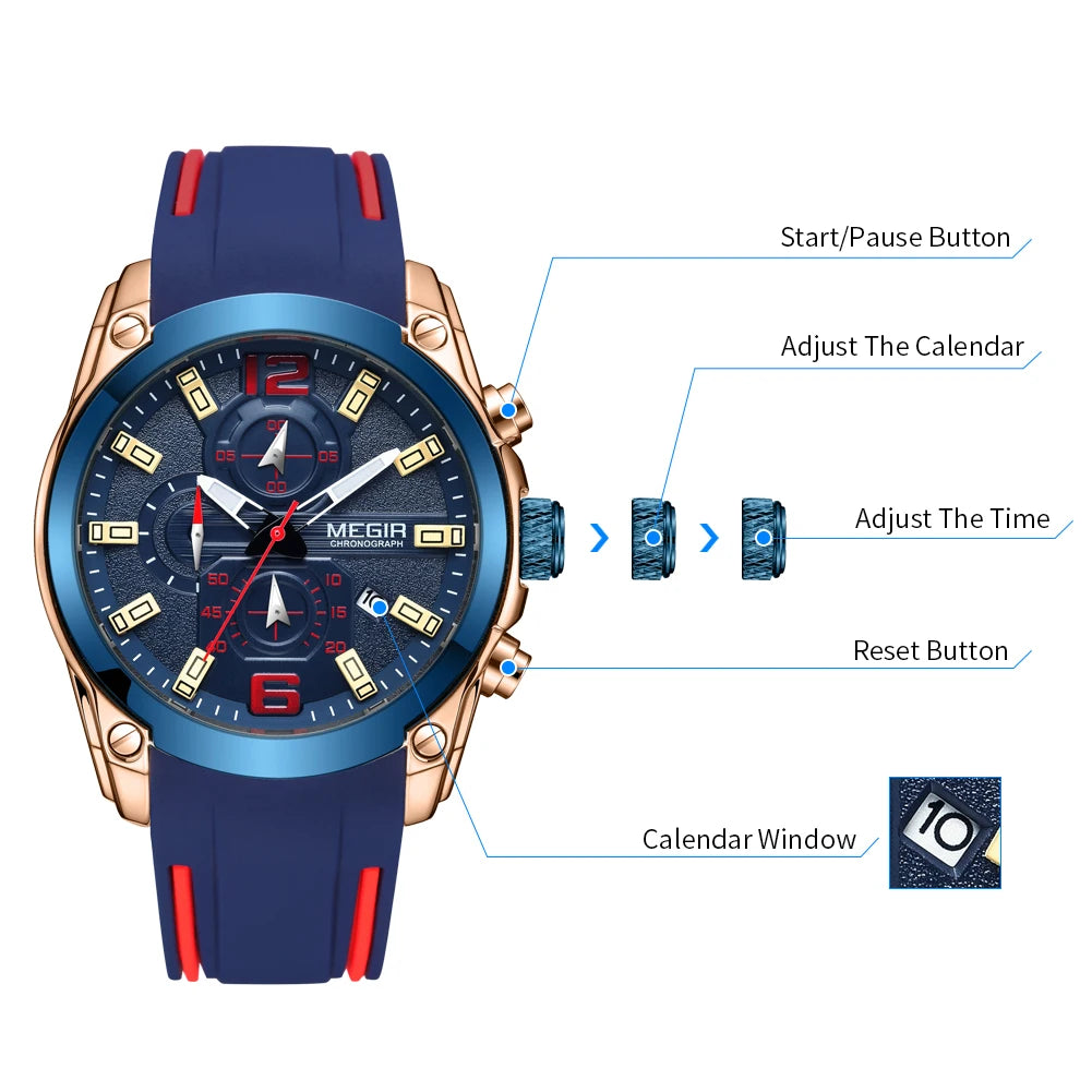 Relojes MEGIR de cuarzo con cronógrafo azul para hombre, relojes de pulsera deportivos militares con manecillas luminosas impermeables de silicona para hombre