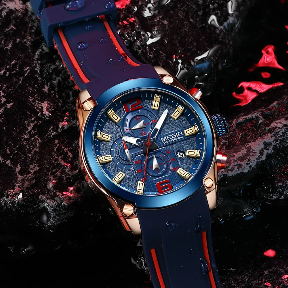 Relojes MEGIR de cuarzo con cronógrafo azul para hombre, relojes de pulsera deportivos militares con manecillas luminosas impermeables de silicona para hombre