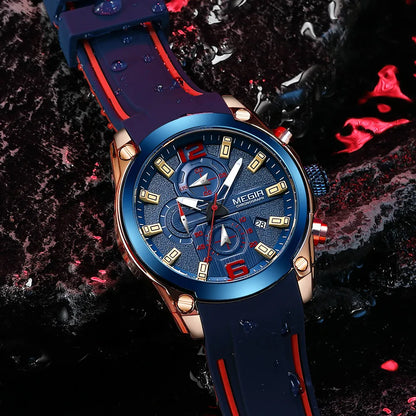 Relojes MEGIR de cuarzo con cronógrafo azul para hombre, relojes de pulsera deportivos militares con manecillas luminosas impermeables de silicona para hombre