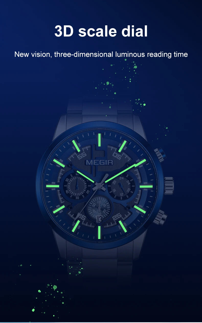 Relojes MEGIR a la moda con cronógrafo para hombre, pulsera de acero inoxidable de lujo, reloj de pulsera de cuarzo para hombre, reloj con esfera grande y fecha para hombre