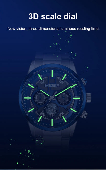 Relojes MEGIR a la moda con cronógrafo para hombre, pulsera de acero inoxidable de lujo, reloj de pulsera de cuarzo para hombre, reloj con esfera grande y fecha para hombre