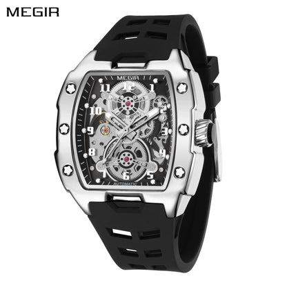 MEGIR pulsera de silicona negra reloj mecánico para hombre movimiento automático de lujo esqueleto reloj de pulsera para hombre relojes de manecillas luminosas