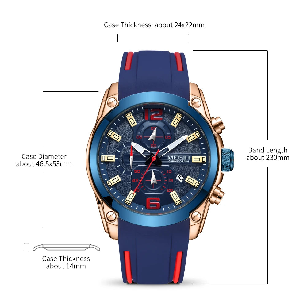 Relojes MEGIR de cuarzo con cronógrafo azul para hombre, relojes de pulsera deportivos militares con manecillas luminosas impermeables de silicona para hombre