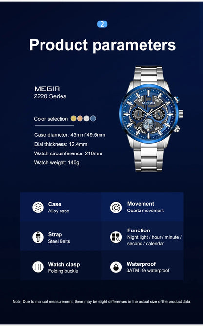 Relojes MEGIR a la moda con cronógrafo para hombre, pulsera de acero inoxidable de lujo, reloj de pulsera de cuarzo para hombre, reloj con esfera grande y fecha para hombre