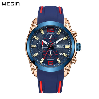 Relojes MEGIR de cuarzo con cronógrafo azul para hombre, relojes de pulsera deportivos militares con manecillas luminosas impermeables de silicona para hombre