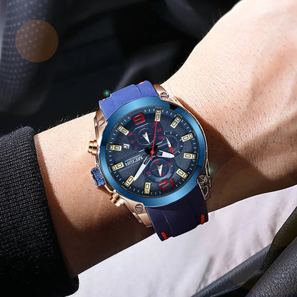 Relojes MEGIR de cuarzo con cronógrafo azul para hombre, relojes de pulsera deportivos militares con manecillas luminosas impermeables de silicona para hombre