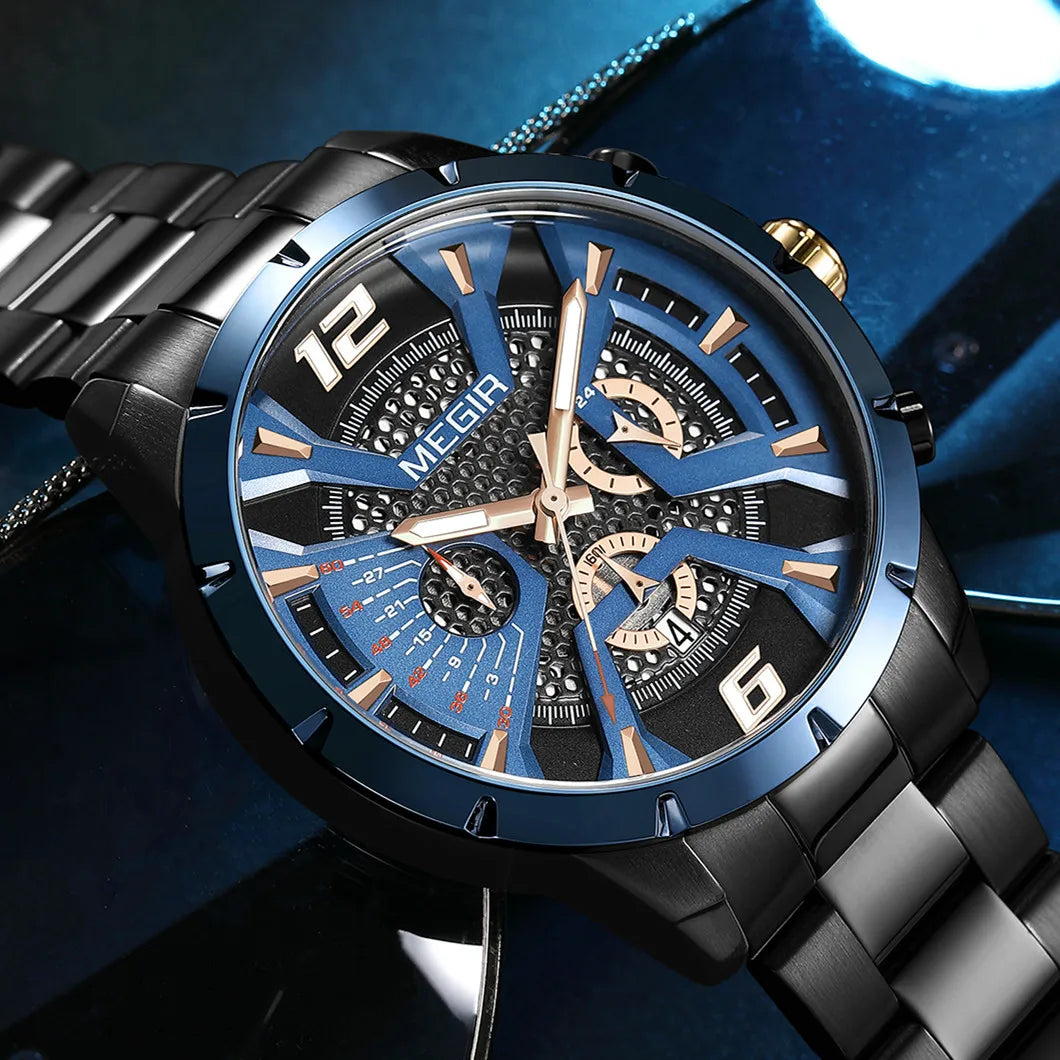 Reloj MEGIR de lujo para hombre, relojes de pulsera de cuarzo para negocios, manecillas luminosas resistentes al agua, calendario, relojes masculinos de acero inoxidable