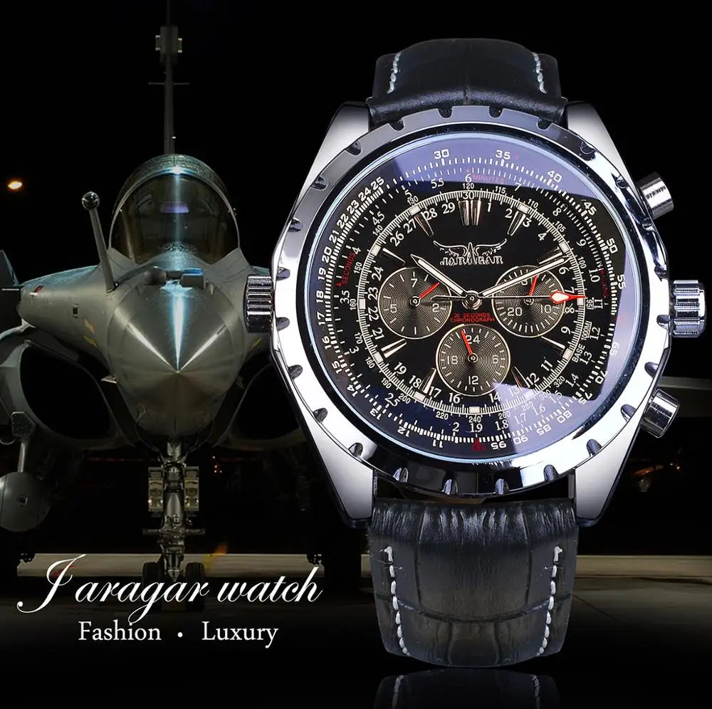 Jaragar Automatic Mechanical Calendar Sport Watches Pilot Design Men's Wrist Watch Top Brand Luxury Fashion Male Leather