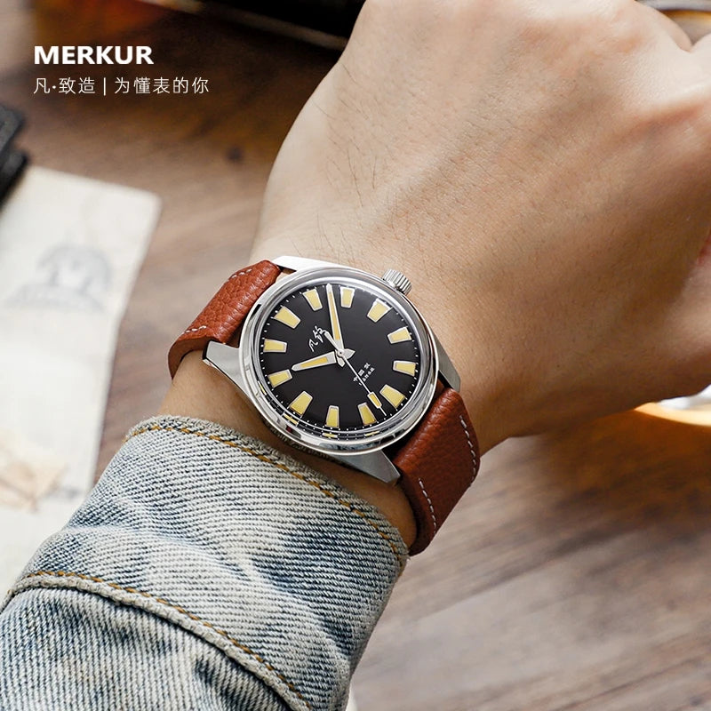 Merkur-relojes de piloto para hombre, reloj de pulsera mecánico de viento Manual militar, zafiro deportivo, resistente al agua hasta 50M, correa de Cuero Luminoso C3