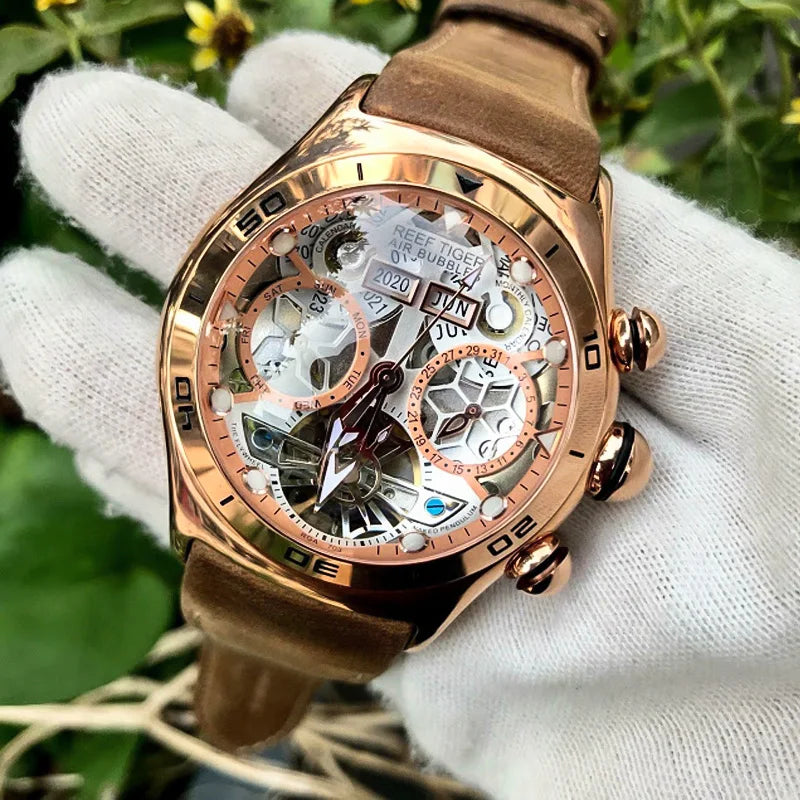 Reef Tiger/RT relojes deportivos luminosos automáticos para hombre Tourbillon de acero calendario año mes zafiro reloj resistente al agua RGA703