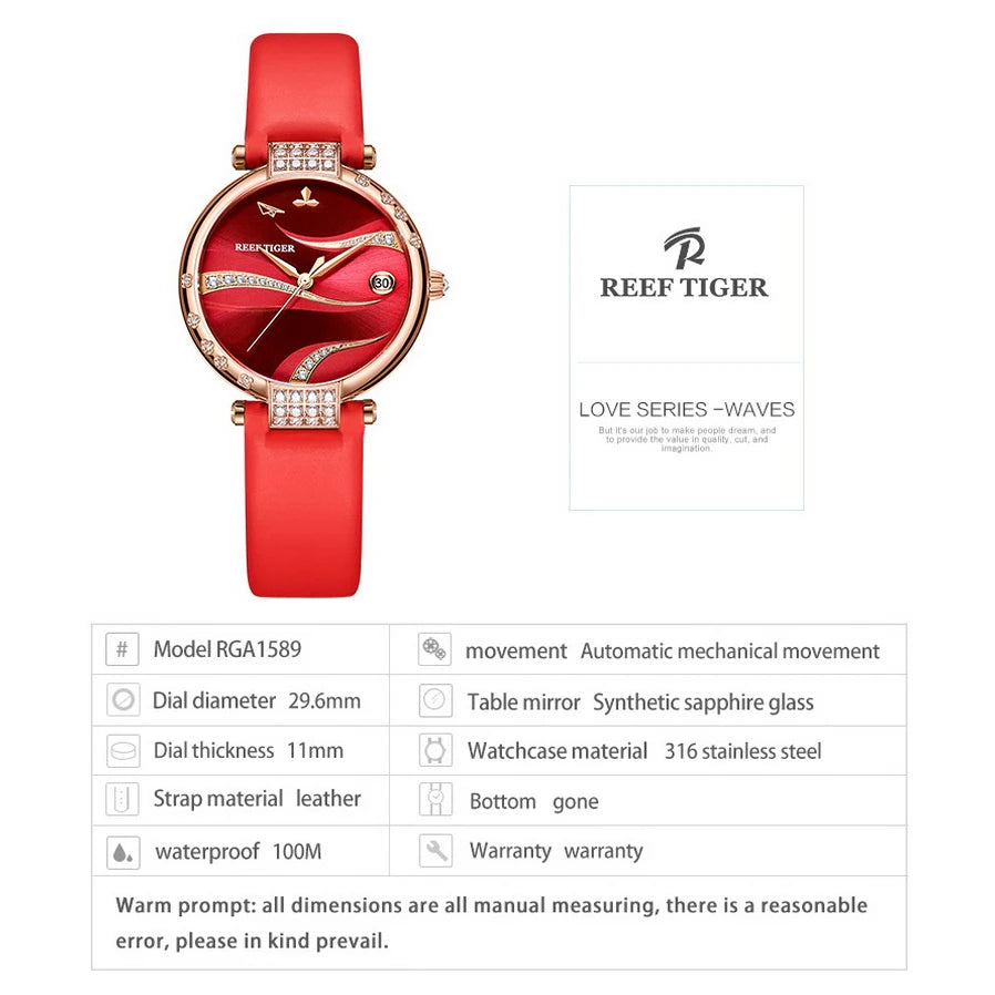 Reef Tiger-relojes automáticos para mujer, reloj de pulsera mecánico de lujo para mujer, reloj de diamantes de zafiro, reloj femenino RGA1589