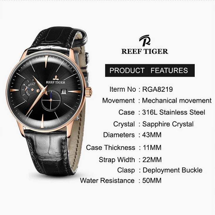 Reef Tiger Mens Automatic Watches Luxury Male Fashion Watch Ultrathin Mechanical Wristwatch Bubble Mirror Leather Strap RGA8219