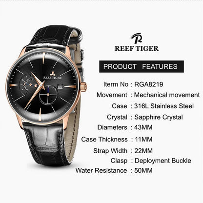 Reef Tiger Mens Automatic Watches Luxury Male Fashion Watch Ultrathin Mechanical Wristwatch Bubble Mirror Leather Strap RGA8219