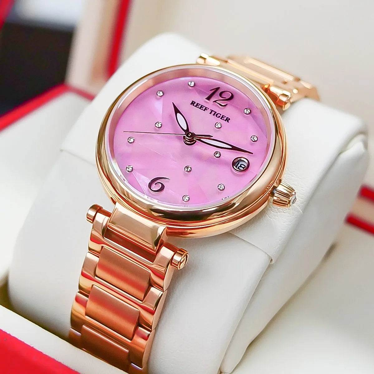 Reef Tiger/RT nuevo diseño de lujo de acero inoxidable esfera rosa relojes automáticos mujeres reloj de tira de acero oro rosa RGA1584