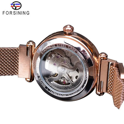 Forsining Ladies Watch Top Brand Luxury Female Watch Rose Gold Mesh Creative Diamond Flower Dial Mechanical Fashion Women Clock