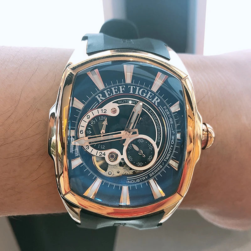 Reef Tiger/RT New Arrival Sports Rose Gold Case Blue Dial Rubber Strap Automatic Watch RGA3069S