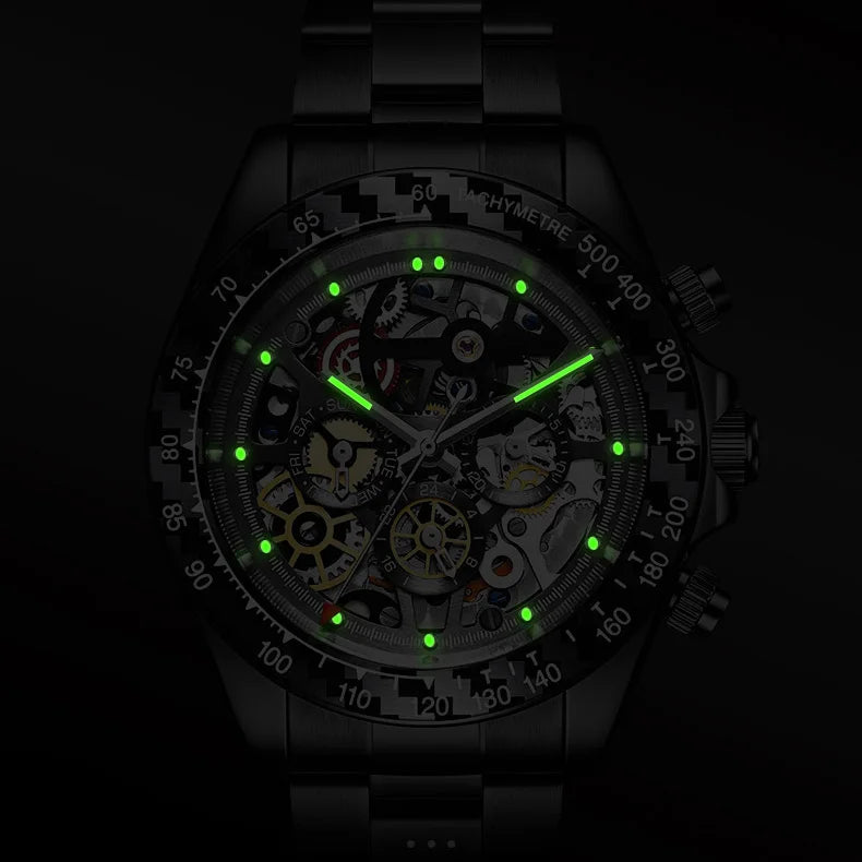 HANBORO, reloj cronógrafo para hombre, relojes automáticos de lujo para hombre, reloj de pulsera mecánico luminoso resistente al agua, esfera hueca, fecha de semana