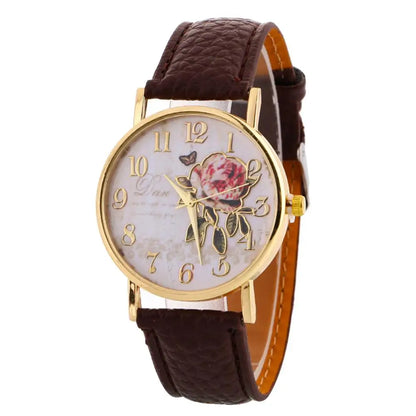 Reloj de pulsera de cuarzo con flor rosa y diámetro redondo para mujer, relojes elegantes con banda de piel sintética, número árabe, regalo de Navidad