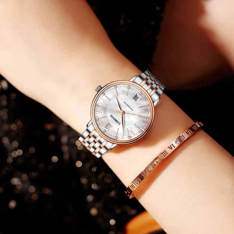 Reloj Automático LOBINNI para mujer, reloj de pulsera mecánico de lujo para mujer, reloj femenino de zafiro resistente al agua, esfera de perlas de cristal de Austria