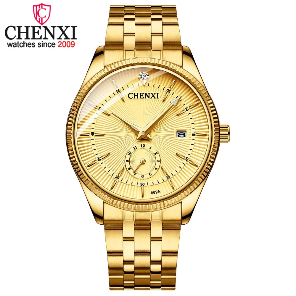 Reloj dorado de lujo para hombre, marca CHENXI, relojes de cuarzo de acero inoxidable para negocios, reloj de pulsera resistente al agua, reloj Masculino