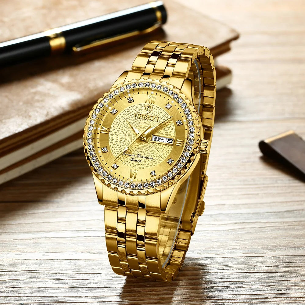 CHENXI, reloj de lujo de acero inoxidable dorado con diamantes de imitación, reloj de cuarzo de negocios para hombre, relojes de pulsera impermeables, reloj Masculino