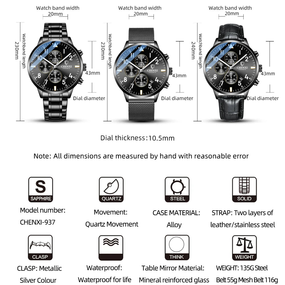 CHENXI 新作 メンズ腕時計 ステンレススチール クロノグラフ トップブランド 高級 防水 スポーツウォッチ メンズ 日付 クォーツ ミリタリー 腕時計