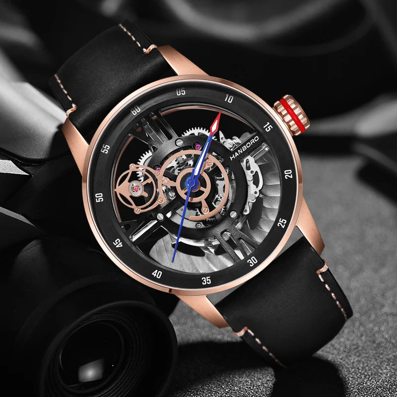 HANBORO Men Watch Luxury Mens Automatic Watches Waterproof Luminous Mechanical Wristwatch Double Side Hollow Out Leather Strap