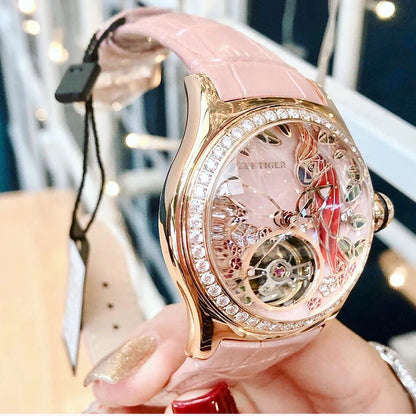 Reef Tiger Women Automatic Watches Luxury Ladies Fashion Watch Mechanical Wristwatch Bubble Mirror Skeleton 3D Art Dial RGA7105