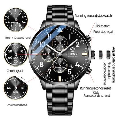 CHENXI New Mens Watches Stainless Steel Chronograph Top Brand Luxury Waterproof Sport Watch Men Date Quartz Military Wristwatch