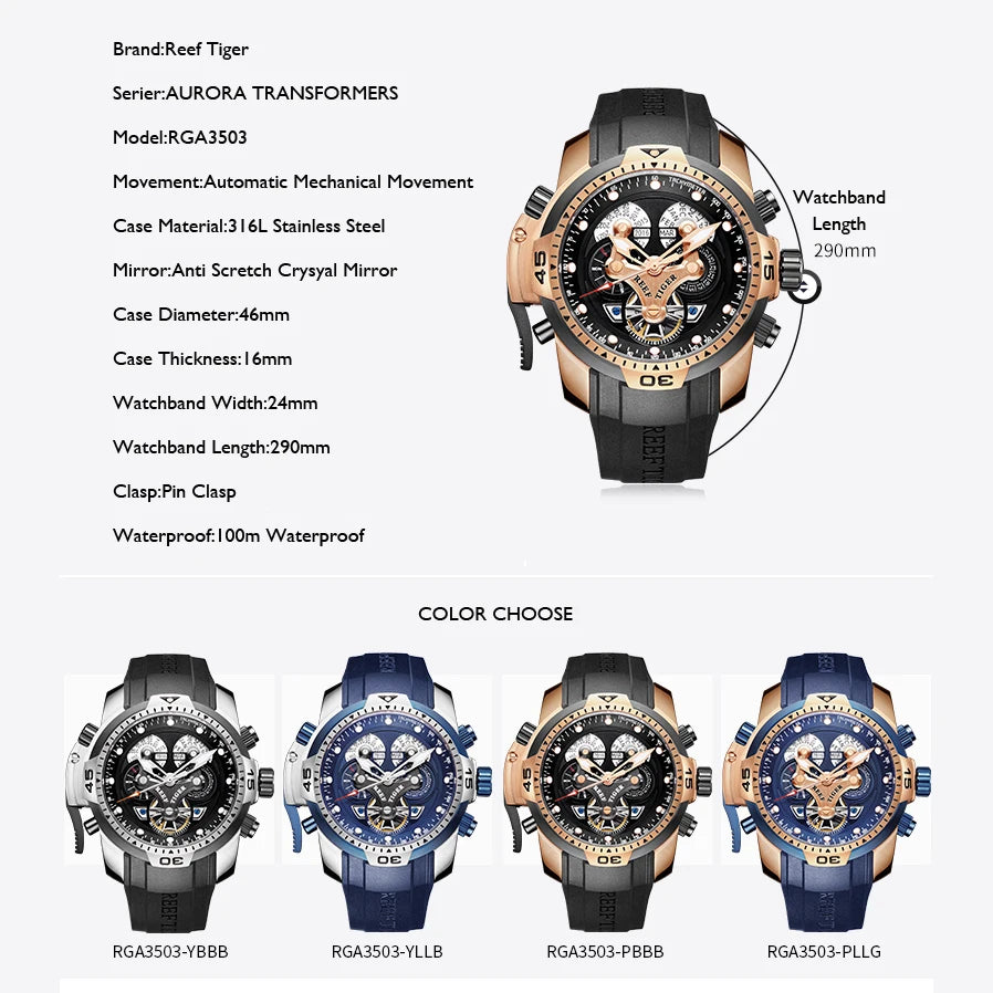 Reef Tiger Mens Automatic Watches Military Watch Mechanical Wristwatch Luminous Perpetual Calendar Rubber Strap Sapphire RGA3503