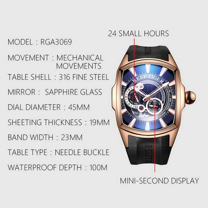 Reef Tiger relojes automáticos para hombre reloj masculino de lujo 21 joyas reloj de pulsera mecánico caja Tonneau correa de goma zafiro RGA3069S