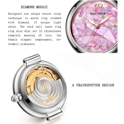 Reef Tiger relojes automáticos para mujer, reloj de pulsera mecánico de lujo para mujer, reloj de vestir para mujer, reloj de zafiro femenino RGA1584