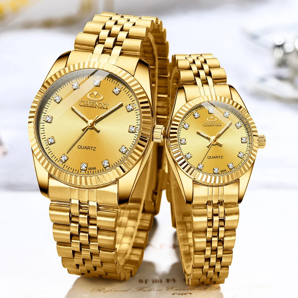 CHENXI Fashion Luxury Men Women Watch Gold Blue Quartz Wrist Watch Stainless Steel Couples Clock Casual Waterproof Mens Watches