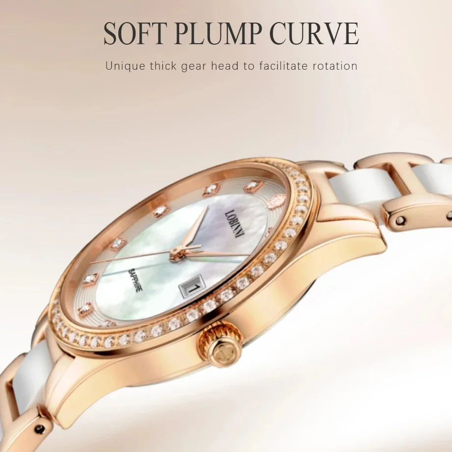 LOBINNI Women Quartz Watch Luxury Ladies Wristwatch Fashion Waterproof Sapphire Mirror Auto Date Austria Crystal Pearl Dial