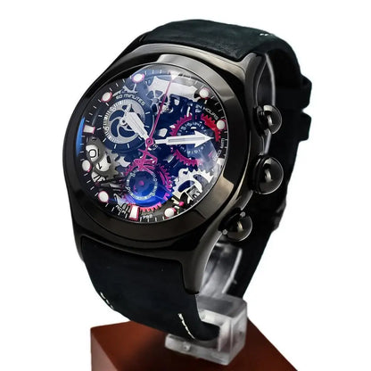 Reef Tiger/RT Casual Sport Watches for Men Blue Skeleton Dial Leather Strap Steel Waterproof Analog Watches Relogio RGA792