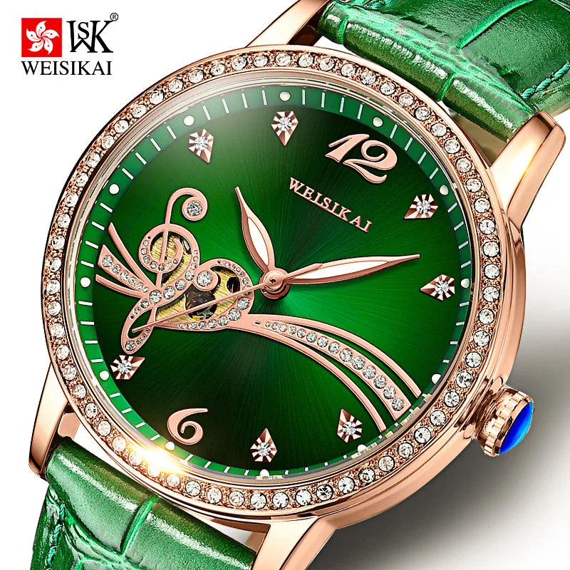 Relojes automáticos para mujer, moda de lujo con diamantes de imitación, marca WEISIKAI, manos luminosas, cara de amor hueca, reloj de pulsera mecánico para mujer 6022