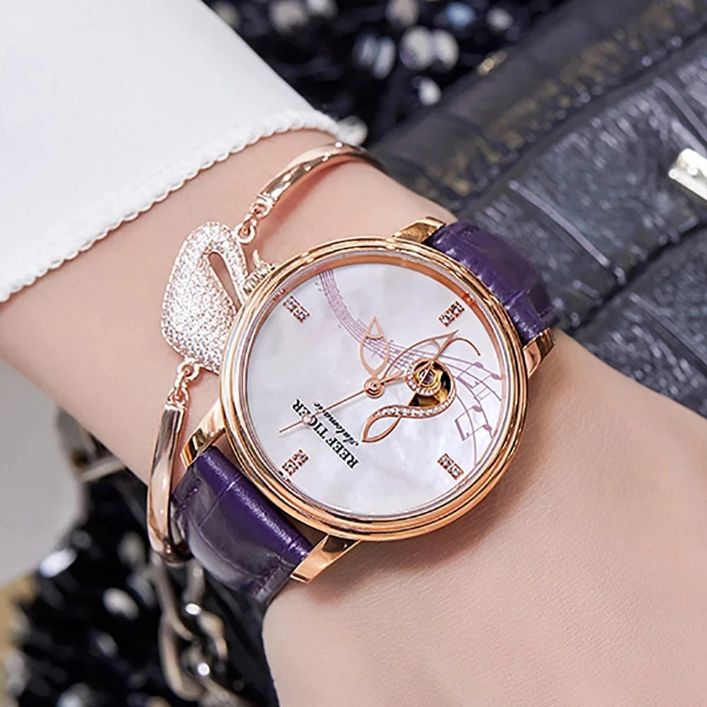 Reef Tiger Women Automatic Watches Luxury Ladies Mechanical Wristwatch Skeleton Sapphire Leather Strap Relogio Feminino RGA1582