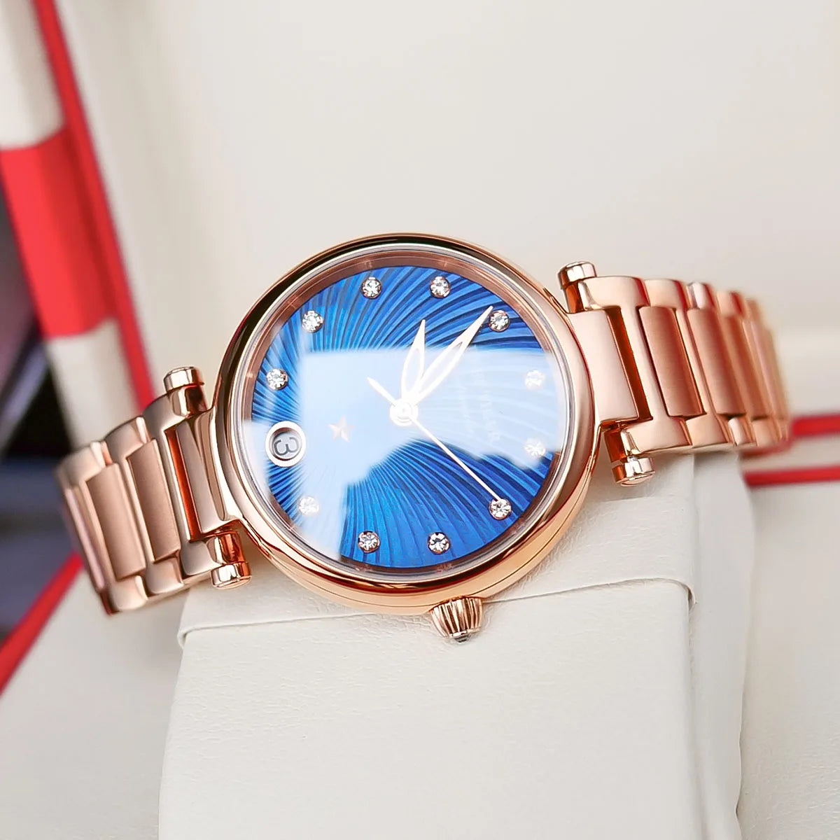 Reef Tiger/RT New Design Luxury Rose Gold Watch Blue Dial Automatic Watches Women Diamond Bracelet Watch reloj mujer RGA1590