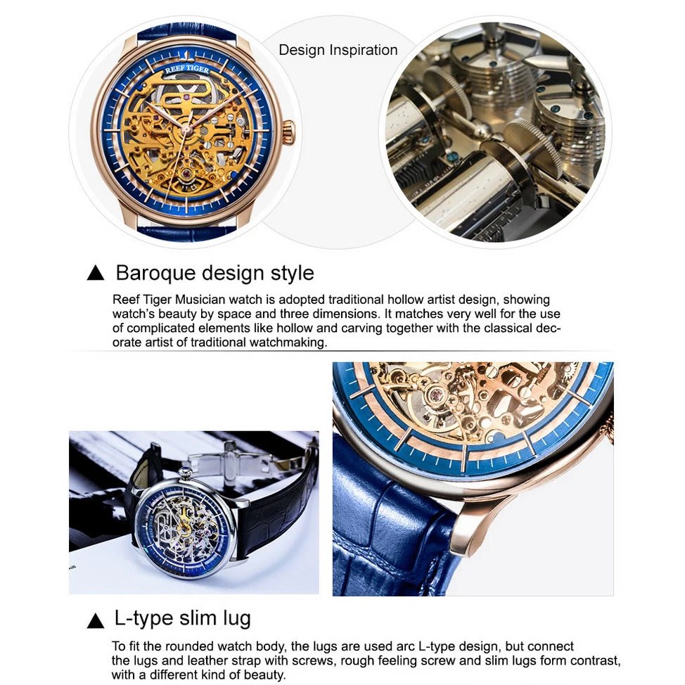 Reef Tiger Mens Automatic Watches Luxury Male Mechanical Wristwatch Fashion Skeleton Dial Sapphire Leather Strap Relogio RGA1975