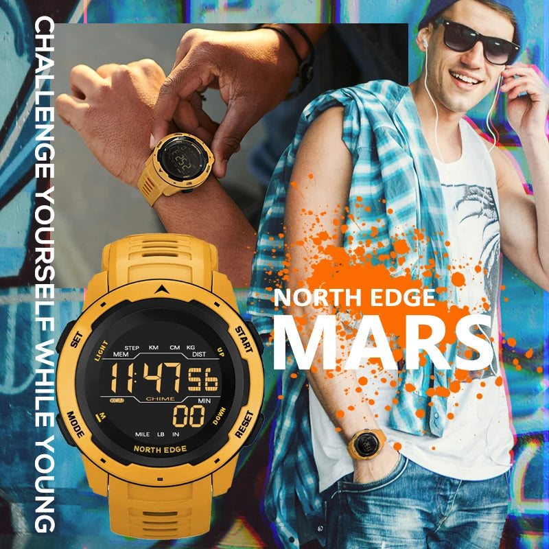 NORTH EDGE-reloj inteligente para hombre y mujer, reloj deportivo con doble horario, podómetro, cuenta atrás, resistente al agua, alarma Digital de 50m, reloj militar