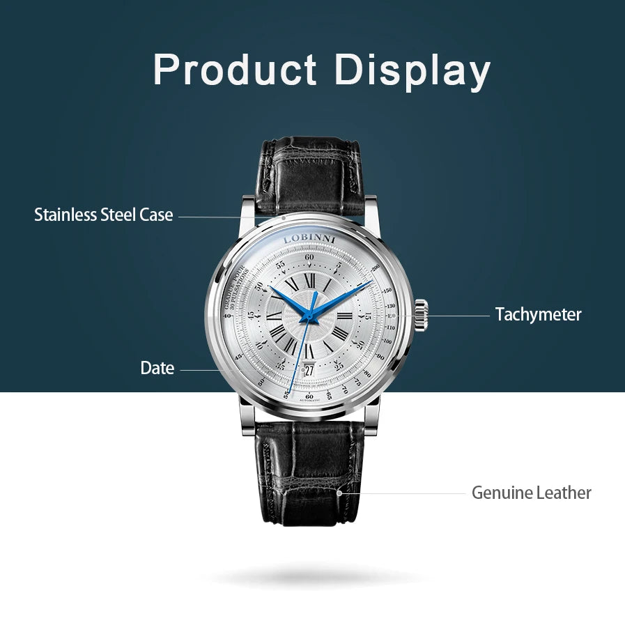 Relojes LOBINNI automáticos para hombre, reloj de lujo para hombre, resistente al agua hasta 50M, básculas romanas, reloj de pulsera mecánico de viento automático, cristal de zafiro