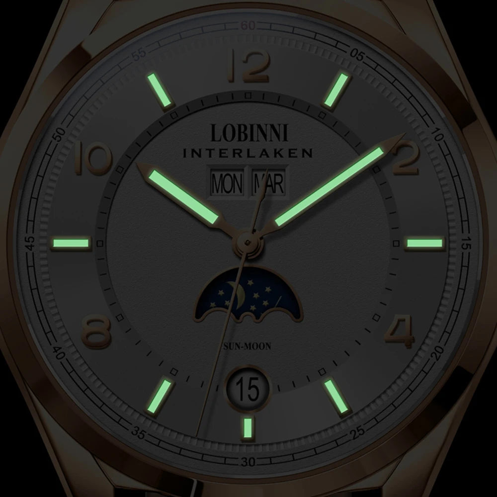 LOBINNI Men Luxury Watch Mens Automatic Watches Mechanical Wristwatch 50M Waterproof Luminous Sapphire Mirror Month Week Date