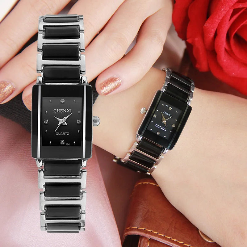 Reloj de señora marca Chenxi de moda elegante negro cerámica minimalista Simple pequeño cuarzo estrecho Casual mujer reloj de pulsera con diamantes de imitación