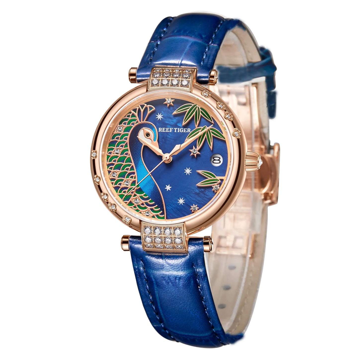 Reef Tiger/RT reloj dorado de lujo reloj automático con fecha y día reloj de cuero genuino resistente al agua reloj femenino RGA1587