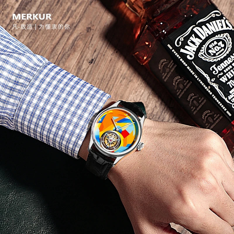 Relojes MERKUR Tourbillon para hombre, reloj de lujo para hombre, reloj de pulsera mecánico Sapphie, correa de cuero de cocodrilo resistente al agua, esfera con grafiti