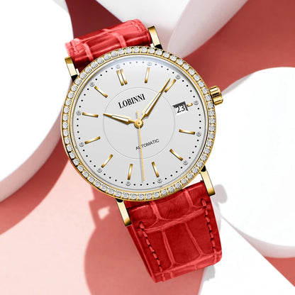 LOBINNI, reloj automático para mujer, reloj de pulsera mecánico de lujo para mujer, vestido de zafiro, reloj femenino a la moda, fecha automática, cristal de Austria