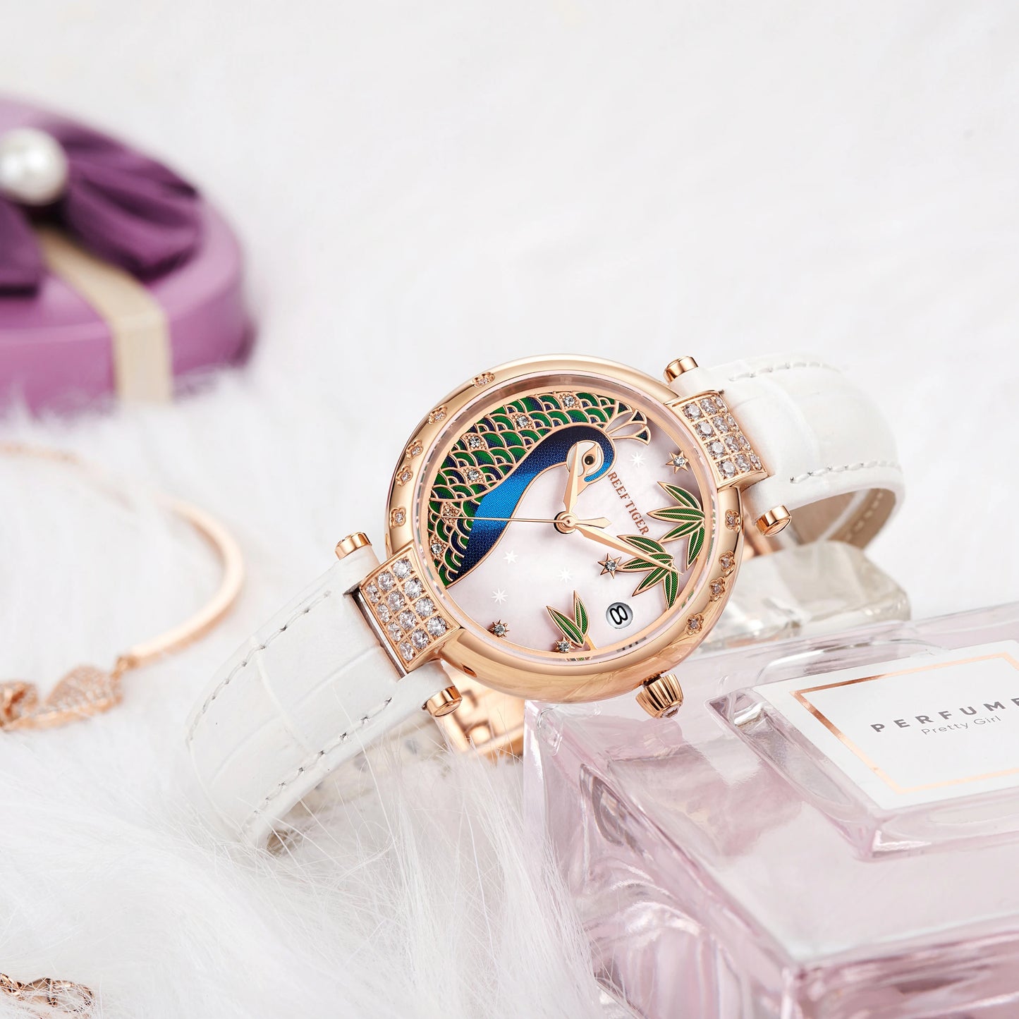 2020 nuevo Reef Tiger/RT marca superior elegante reloj automático para mujer fecha pulsera de oro rosa relojes RGA1587