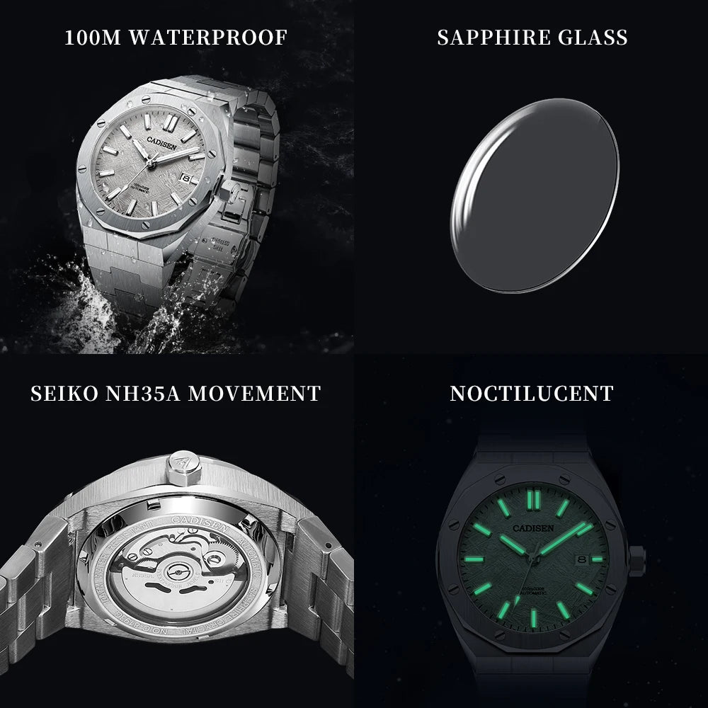 CADISEN-relojes automáticos para hombre, de acero inoxidable, NH35A, mecánico, de pulsera, Masculino